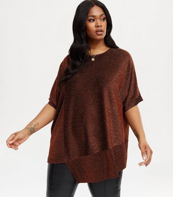 Blue Vanilla Curves Bronze Glitter Asymmetric Tunic Top | New Look