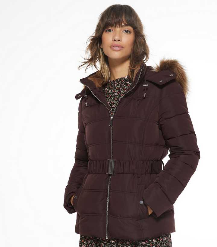 burgundy puffer coat with fur hood