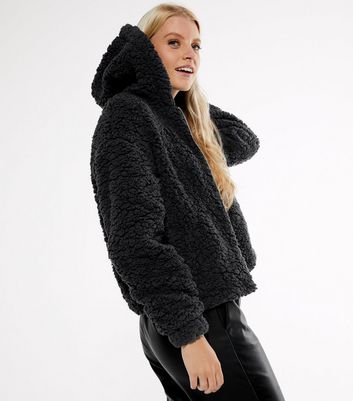 hooded teddy jacket black