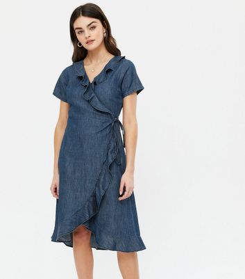 Yumi Blue Denim Ruffle Wrap Midi Dress New Look