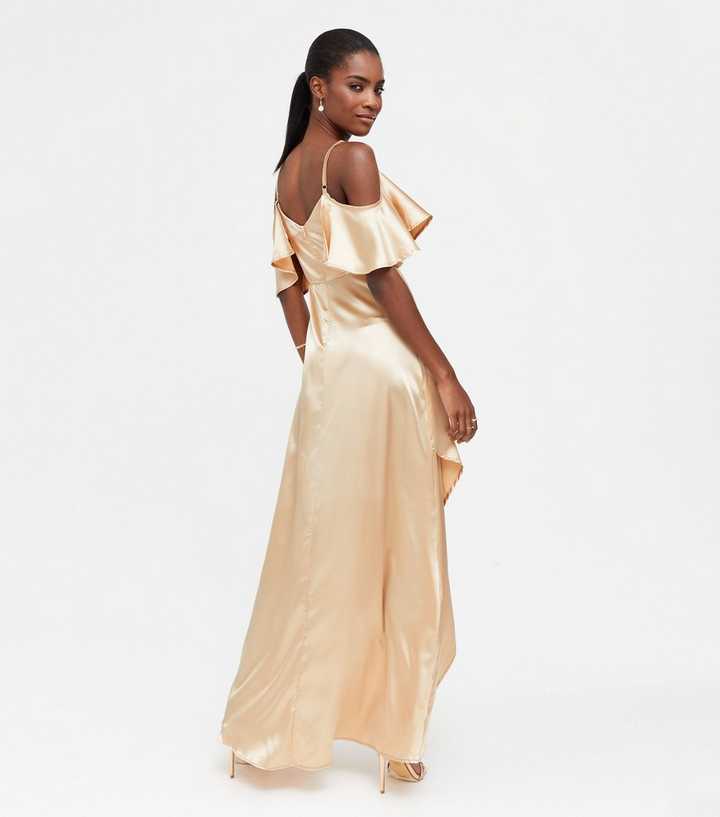 TFNC Cream Satin Ruffle Cold Shoulder Maxi Dress | New Look