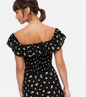 Black Lemon Shirred Bardot Top New Look