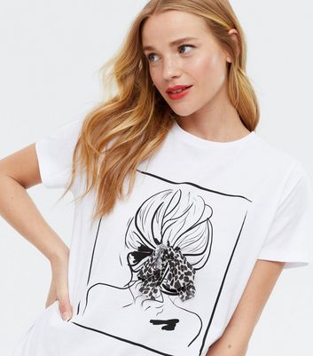 White Sketch Hair Bow Box T-Shirt | New Look