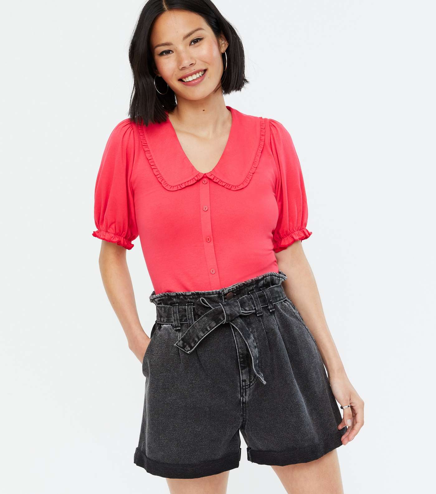 Red Frill Collar Button Front T-Shirt  Image 3