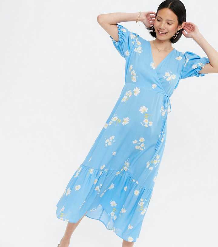 Blue Daisy Tiered Wrap Midi Dress