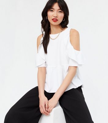 white ruffle cold shoulder top