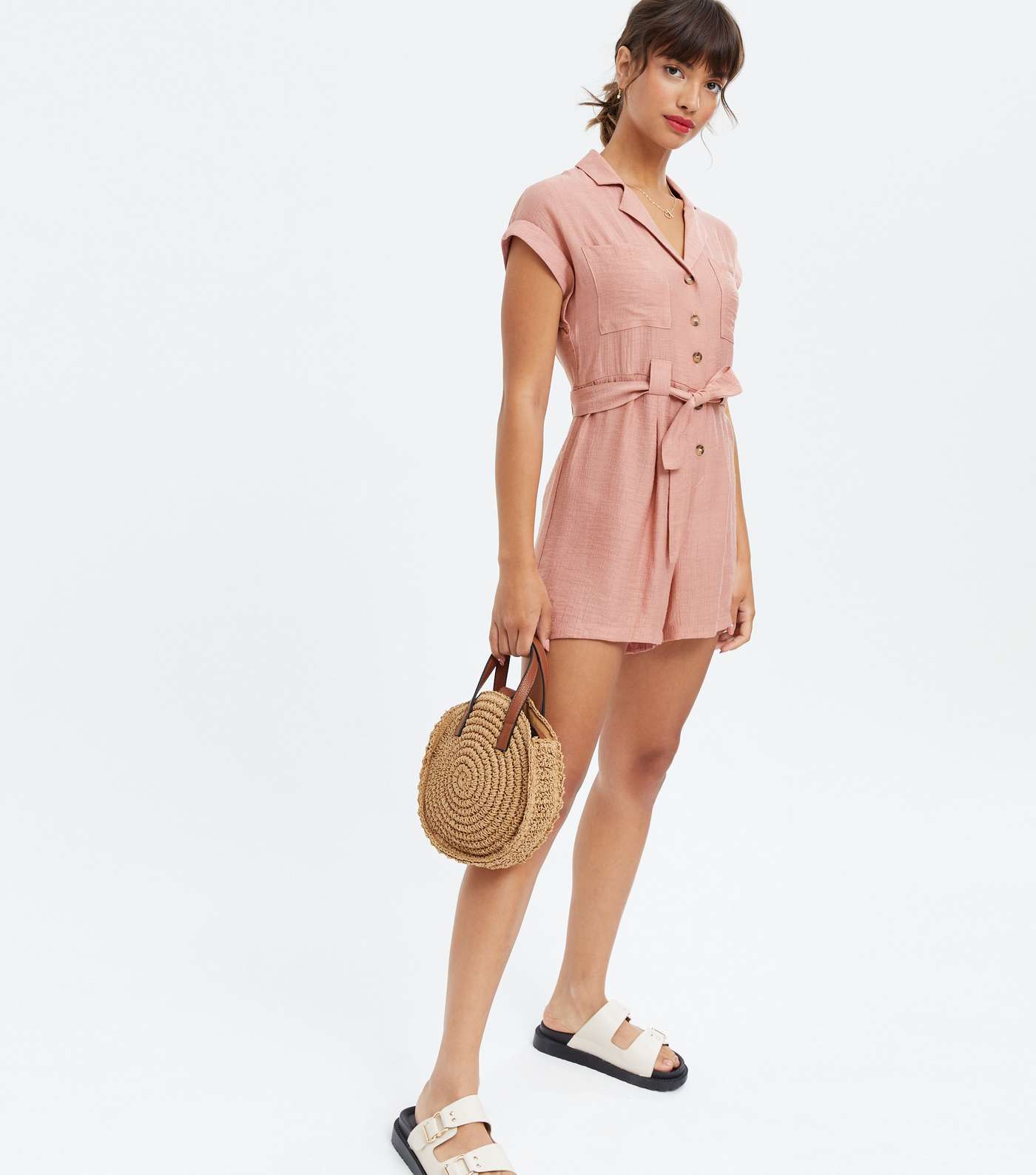 Mid Pink Revere Collar Belted Playsuit