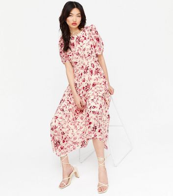 White Floral Ruched Puff Sleeve Midi 