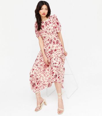 White Floral Ruched Puff Sleeve Midi Dress | New Look
