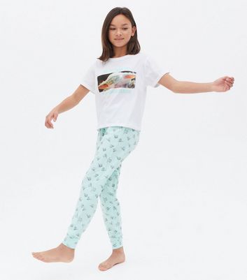 Girls White Pyjama Set with Disney Baby Yoda Star Wars Meme Logo