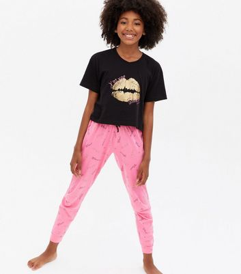 Girls Black Jogger Pyjama Set with Metallic Gossip Girl Logo