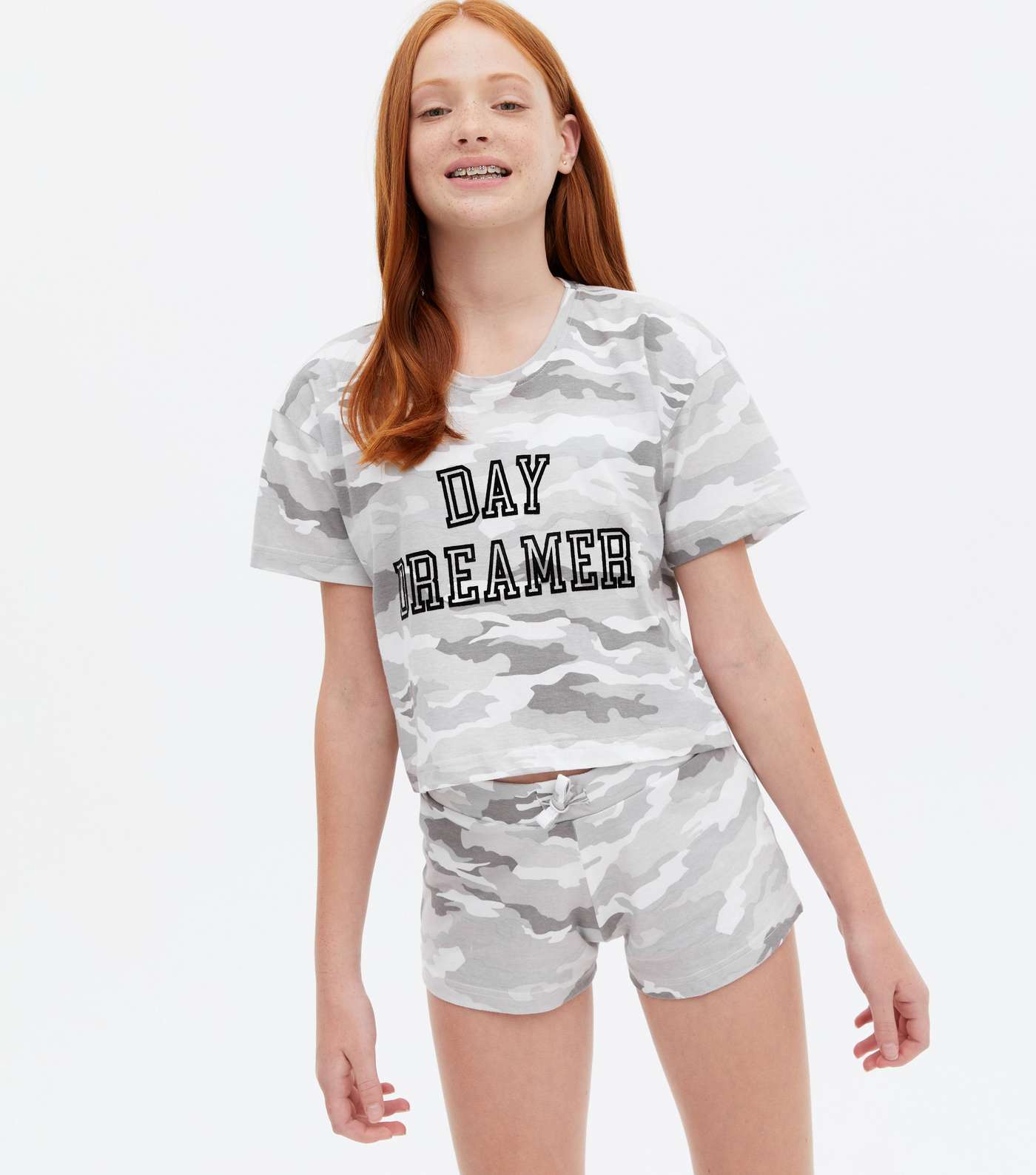 Girls Light Grey Camo Day Dreamer Logo Short Pyjama Set Image 2