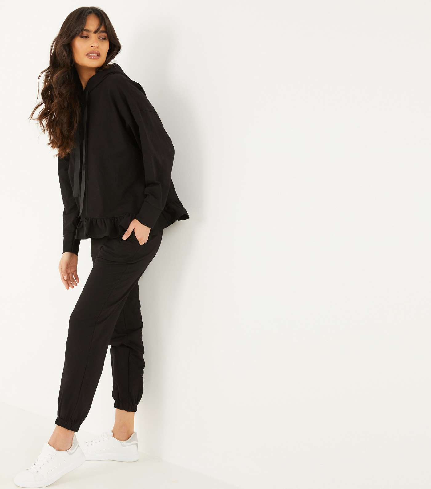 QUIZ Black Frill Hoodie and Joggers Set Image 2