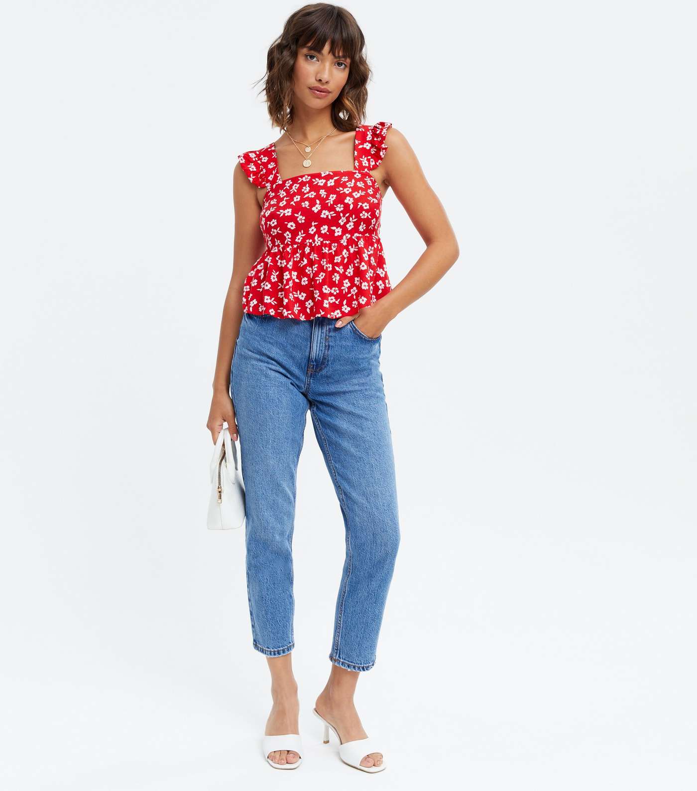 Red Ditsy Floral Frill Tie Back Peplum Cami  Image 2