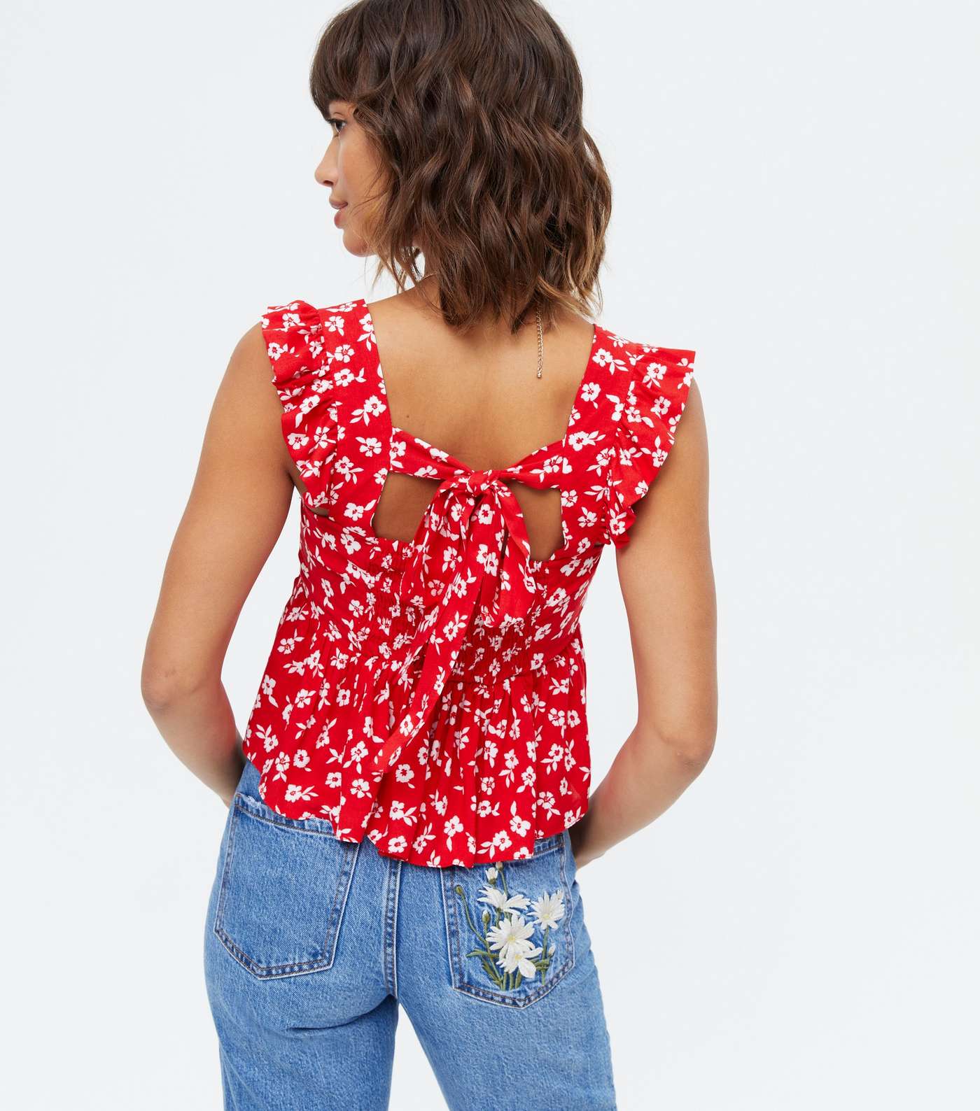Red Ditsy Floral Frill Tie Back Peplum Cami  Image 4