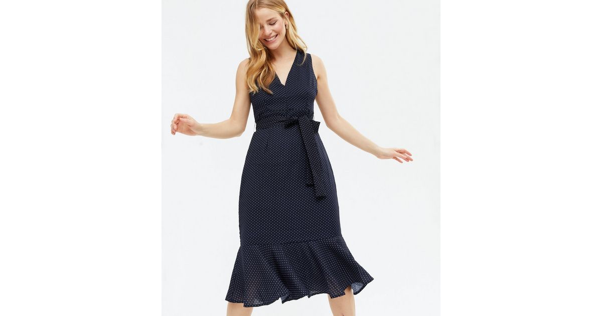 Blue Vanilla Navy Spot Ruffle Hem Dress New Look