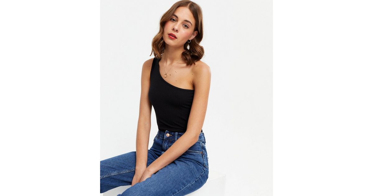 black ribbed one shoulder ruffle bodysuit ... L main image 1