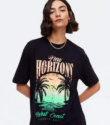 Black Acid Wash Horizons Logo Oversized T Shirt New Look