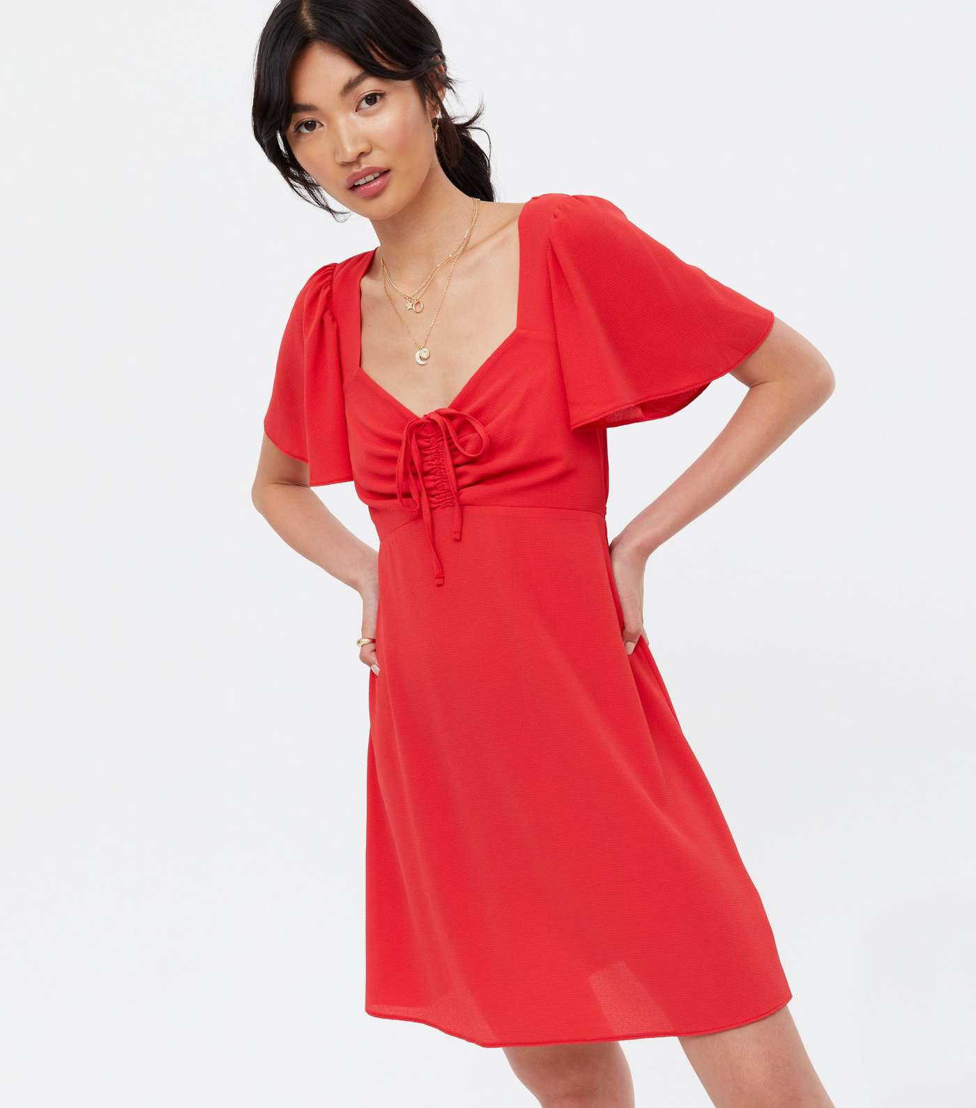 Red Ruched Tie Front Flutter Sleeve Mini Dress