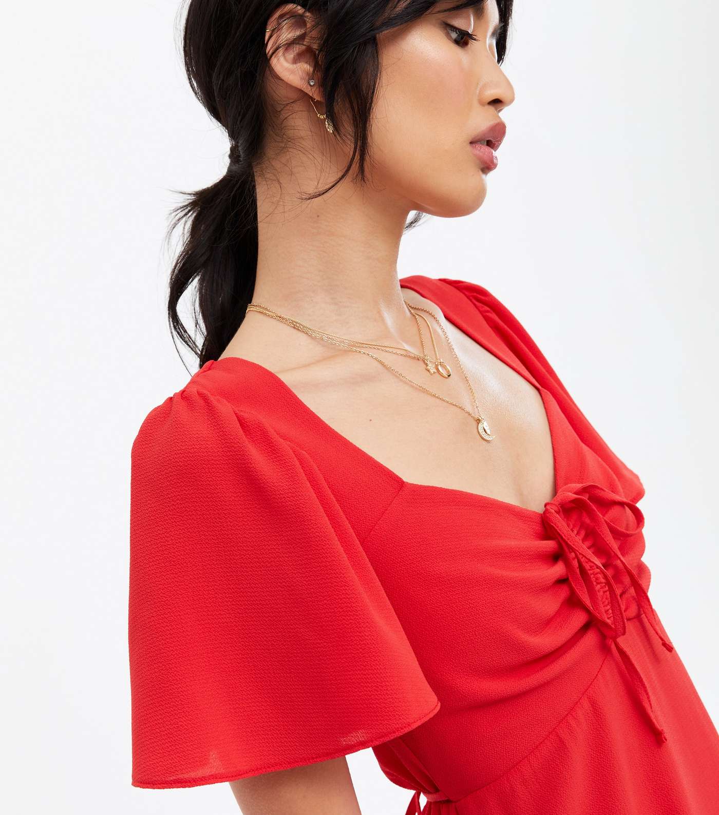 Red Ruched Tie Front Flutter Sleeve Mini Dress Image 3