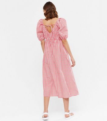 Red Gingham Poplin Square Neck Midi 