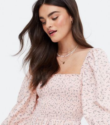 Pink Floral Shirred Puff Sleeve Midi 
