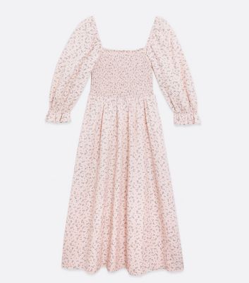 Pink Floral Shirred Puff Sleeve Midi 
