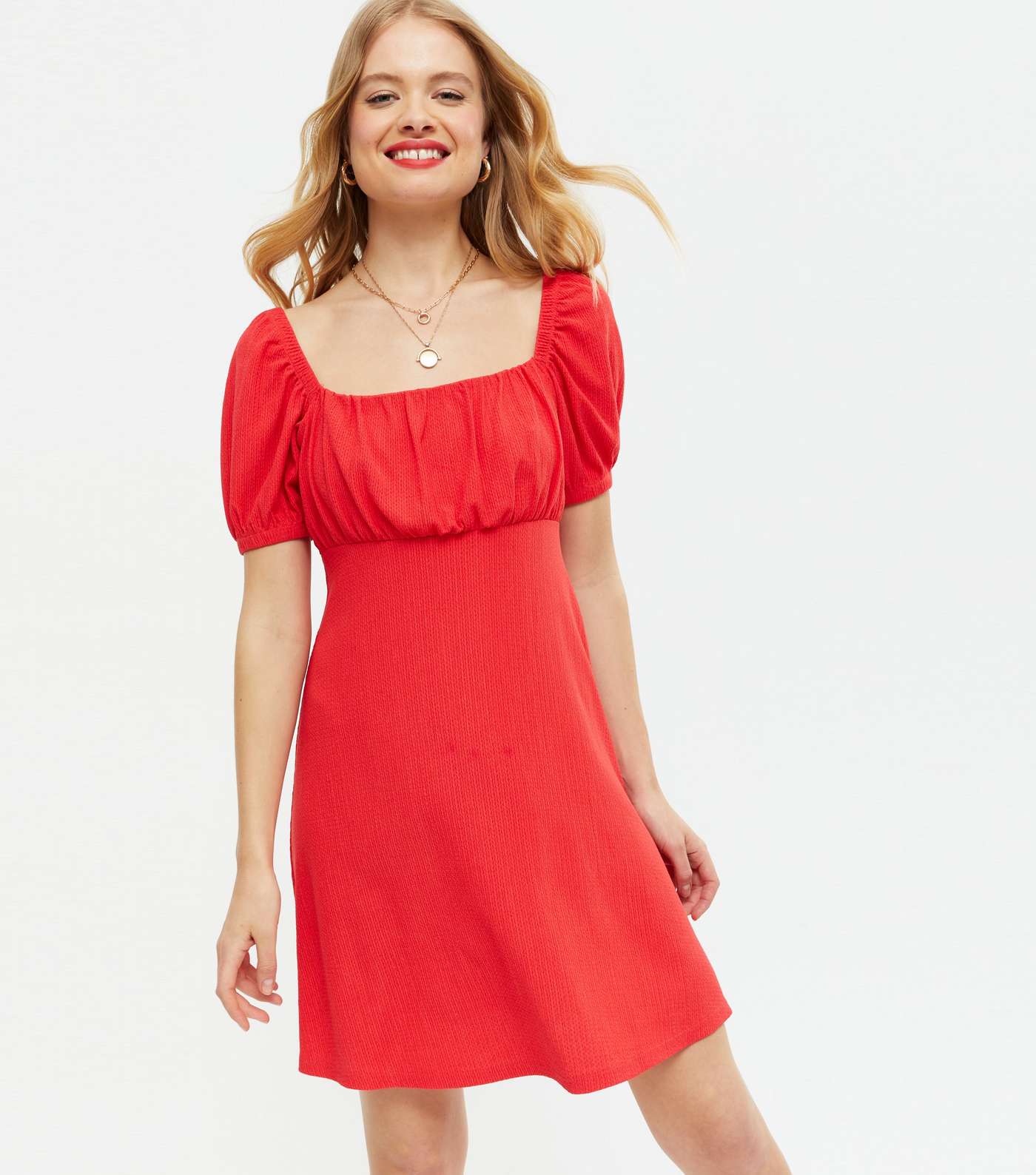 Red Crinkle Ruched Puff Sleeve Mini Dress