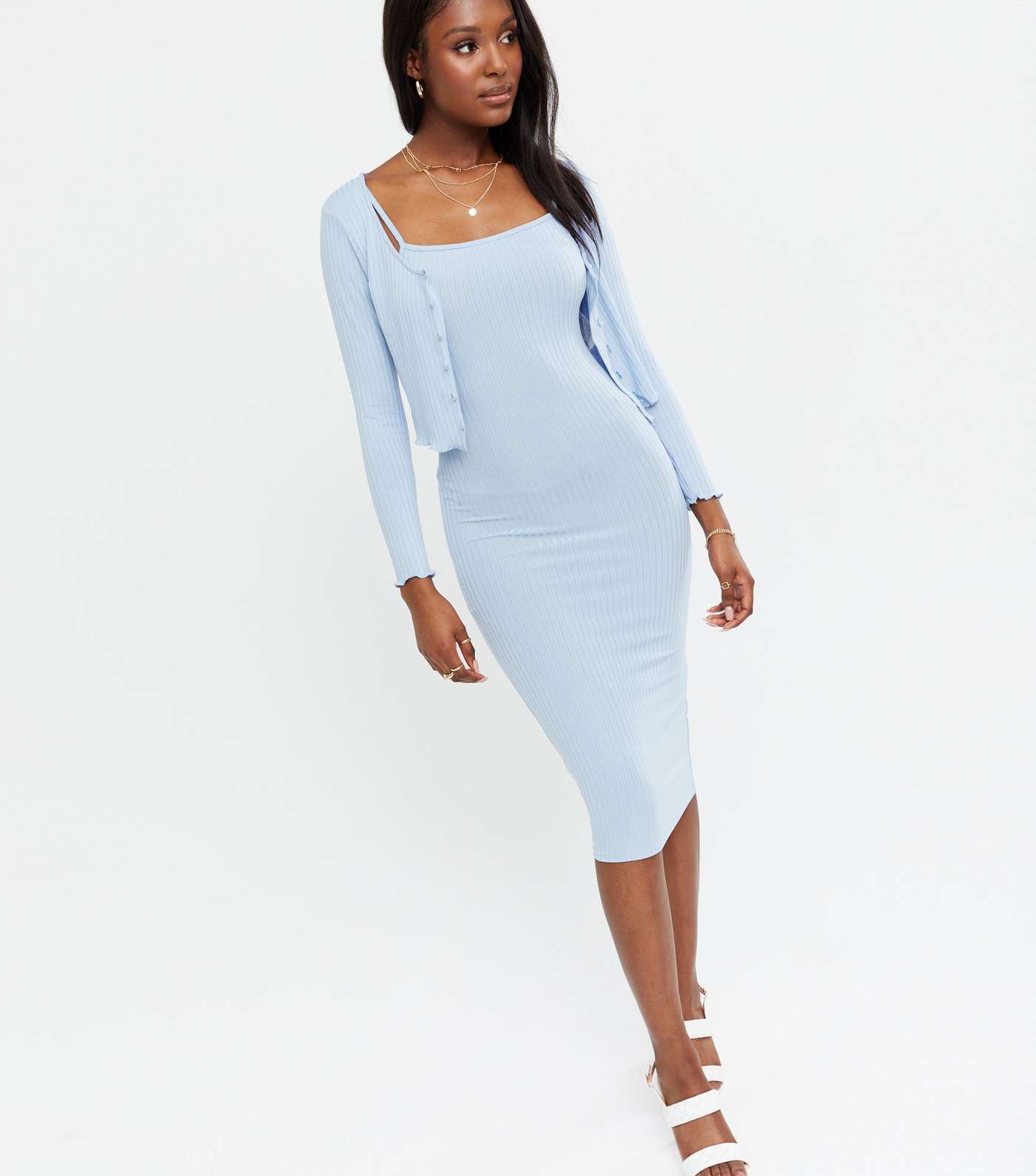 Pale Blue Ribbed Strappy Midi Dress and Cardigan Set