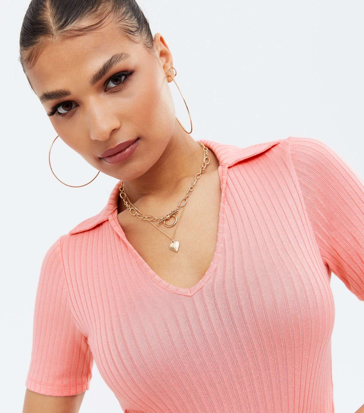 Bright Pink Ribbed Fine Knit Polo T-Shirt  Image 3