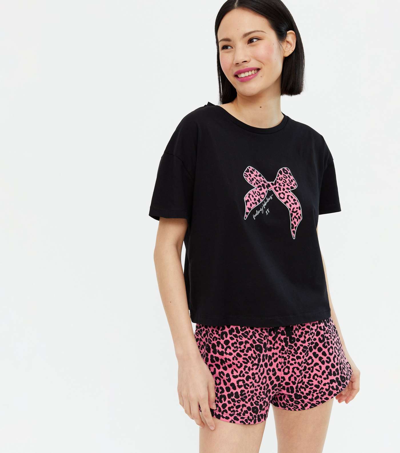 Black Leopard Print Bow Logo Short Pyjama Set