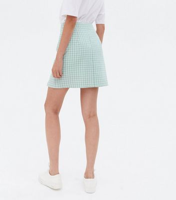 Mint Green Check High Waist Split Hem Mini Skirt New Look