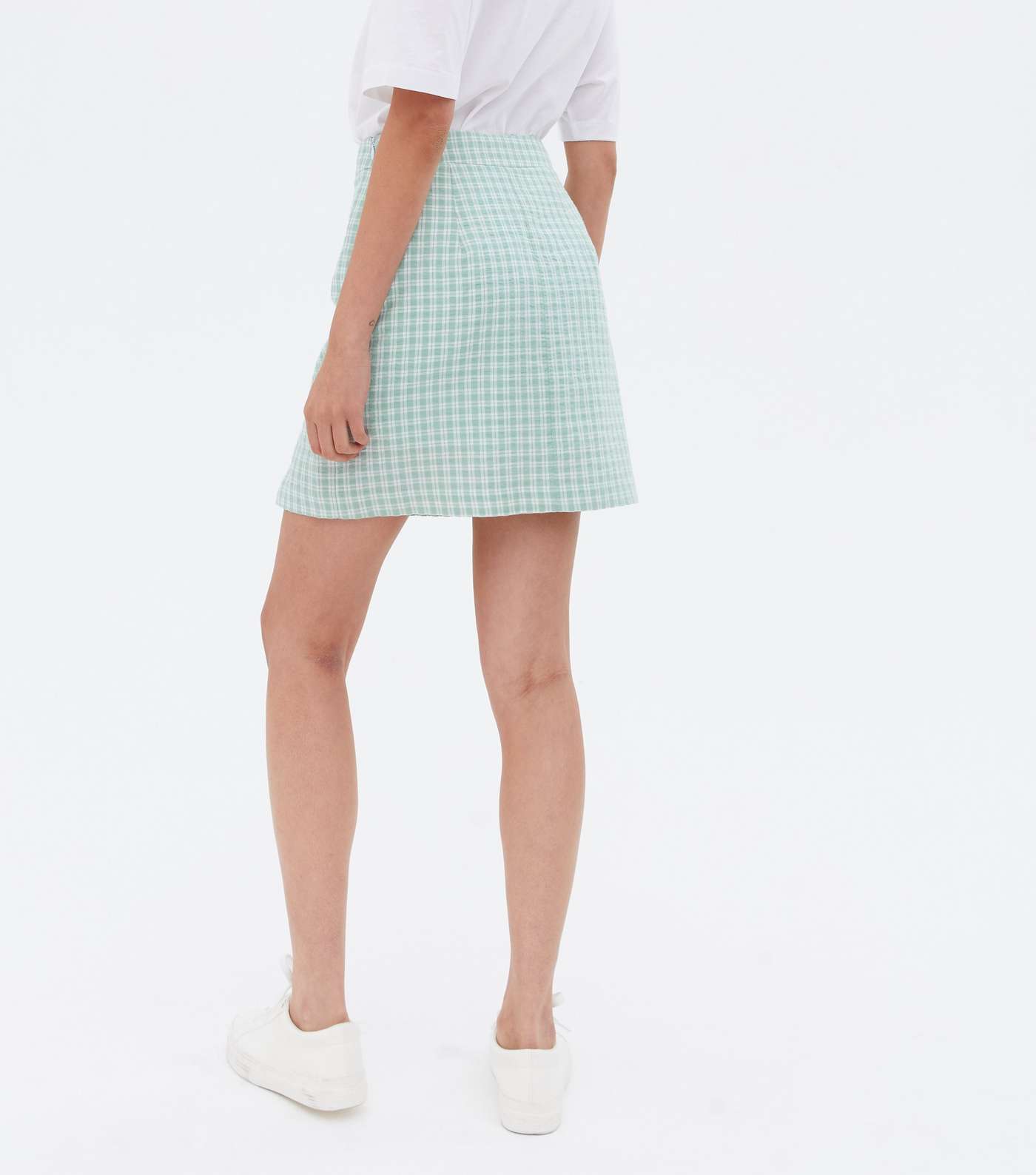Mint Green Check High Waist Split Hem Mini Skirt Image 4