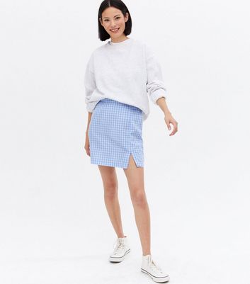 Blue Check High Waist Split Hem Mini Skirt New Look