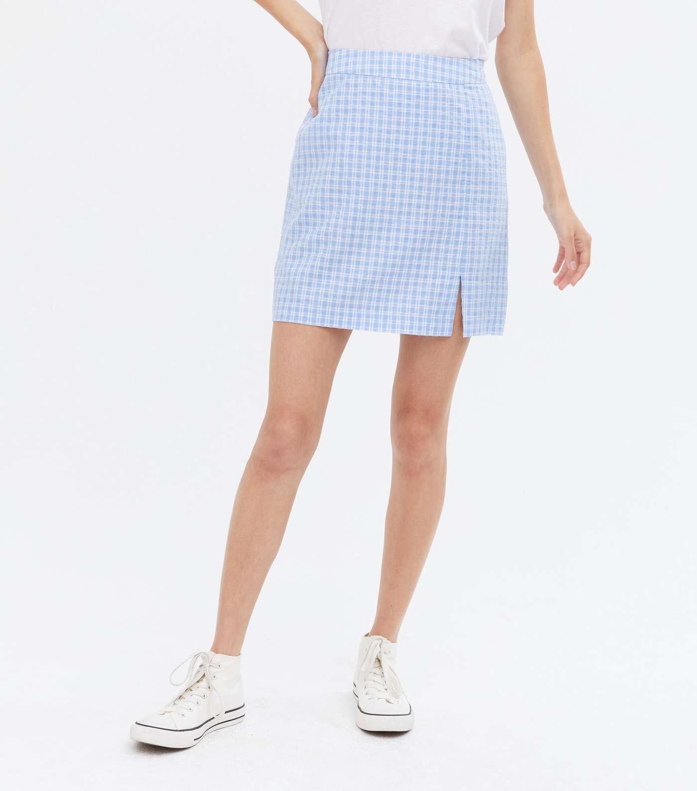 Blue Check High Waist Split Hem Mini Skirt Image 2