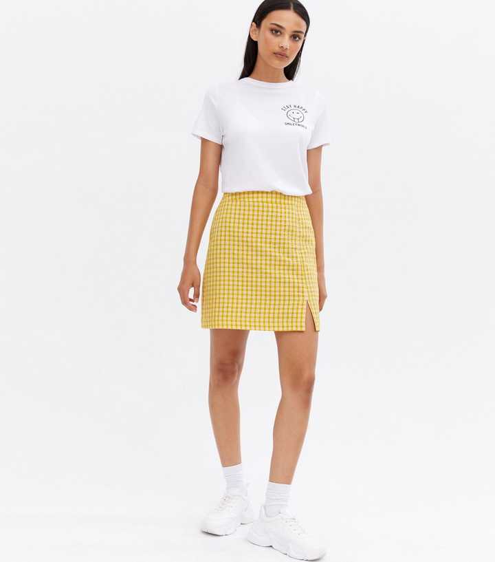 Yellow Check High Waist Split Hem Mini Skirt