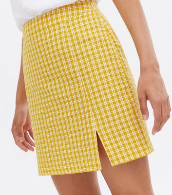 Yellow Check High Waist Split Hem Mini Skirt New Look