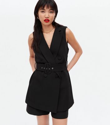 Click to view product details and reviews for Black Belted Button Front Sleeveless Blazer New Look.