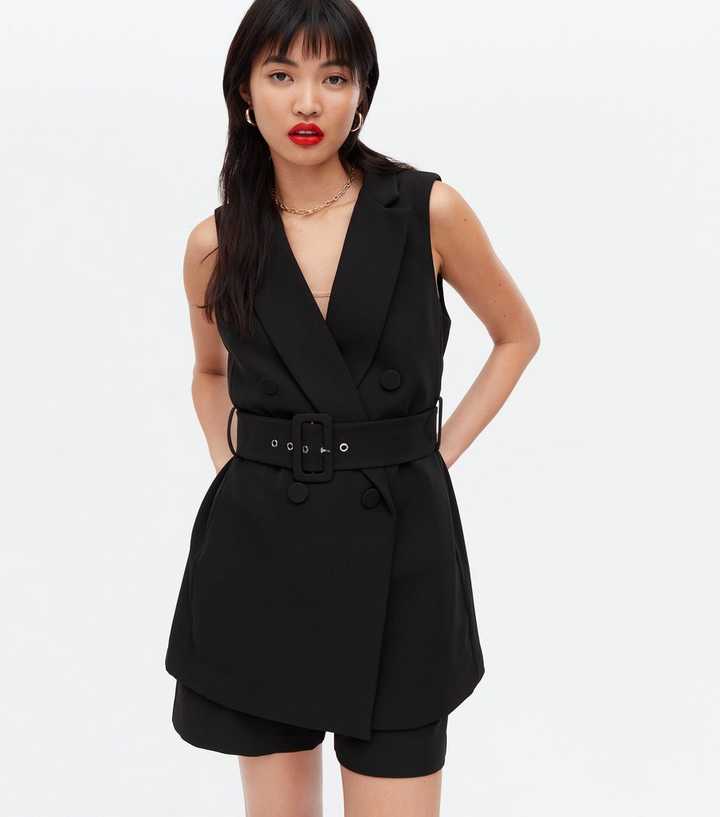 Sleeveless Blazer Dress Celebrity Black Belted Button Front