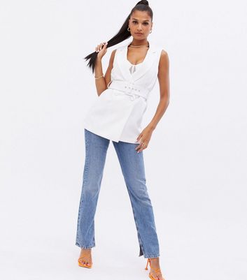 Click to view product details and reviews for White Belted Button Front Sleeveless Blazer New Look.