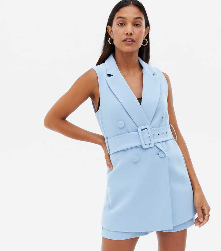 Pale Blue Belted Button Front Sleeveless Blazer