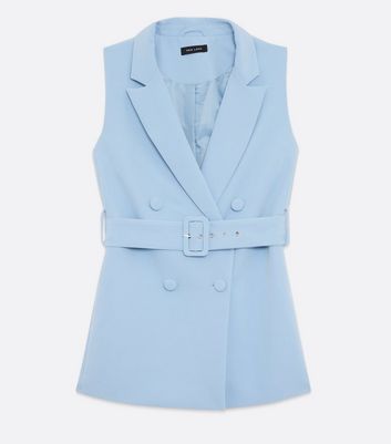 Pale Blue Belted Button Front Sleeveless Blazer New Look