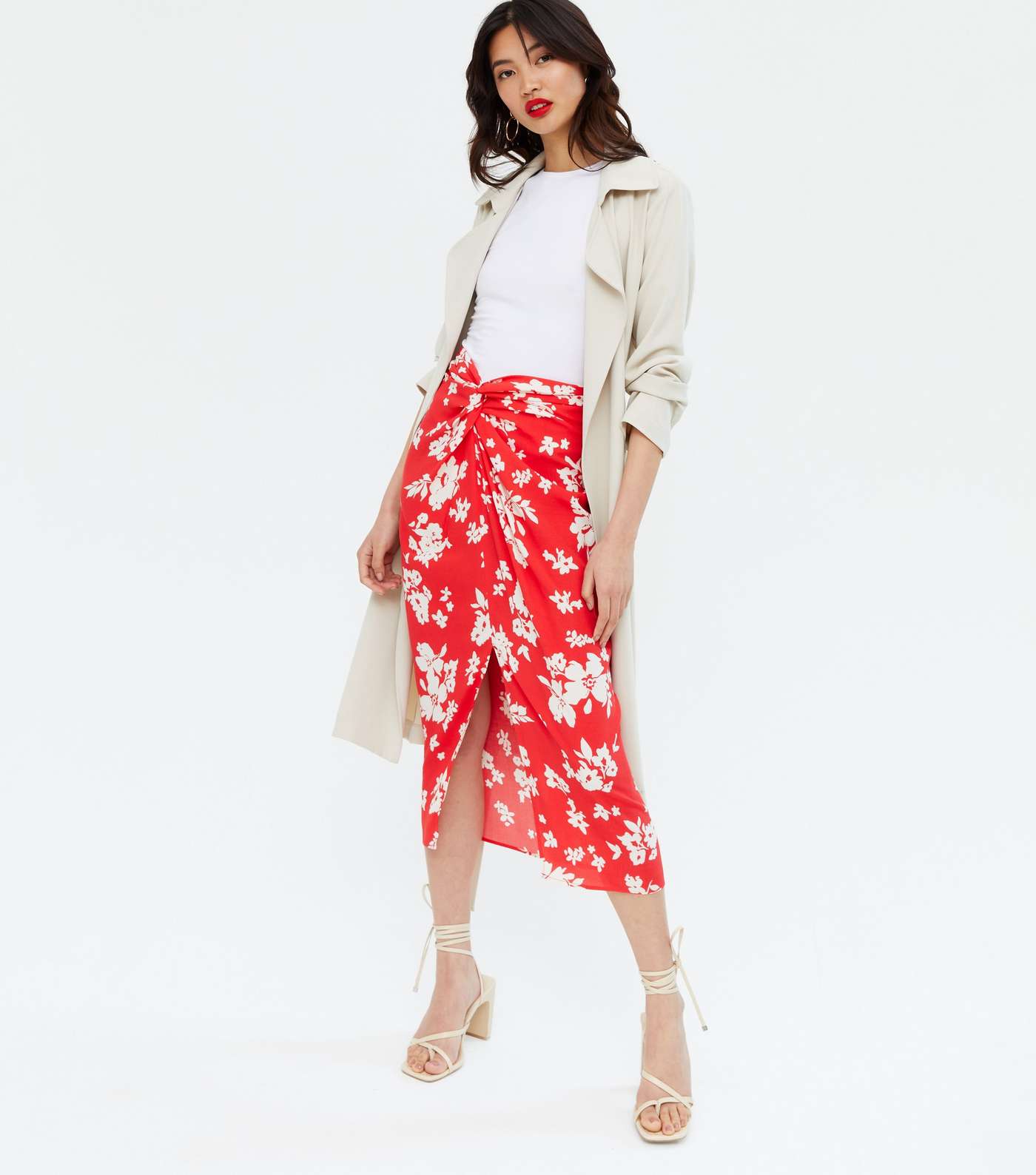 Red Floral Knot Front Midi Skirt 