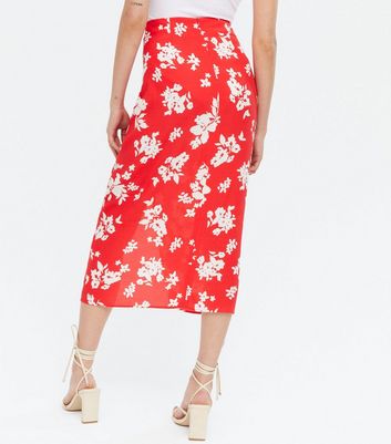 red floral midi pencil skirt