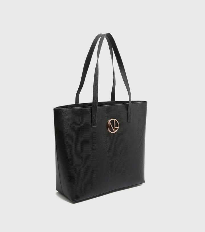 Black Faux Snake Embellished Tote Bag