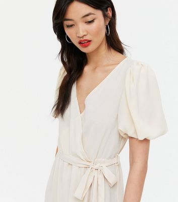 Urban Bliss Cream Puff Sleeve Wrap Midi Dress New Look