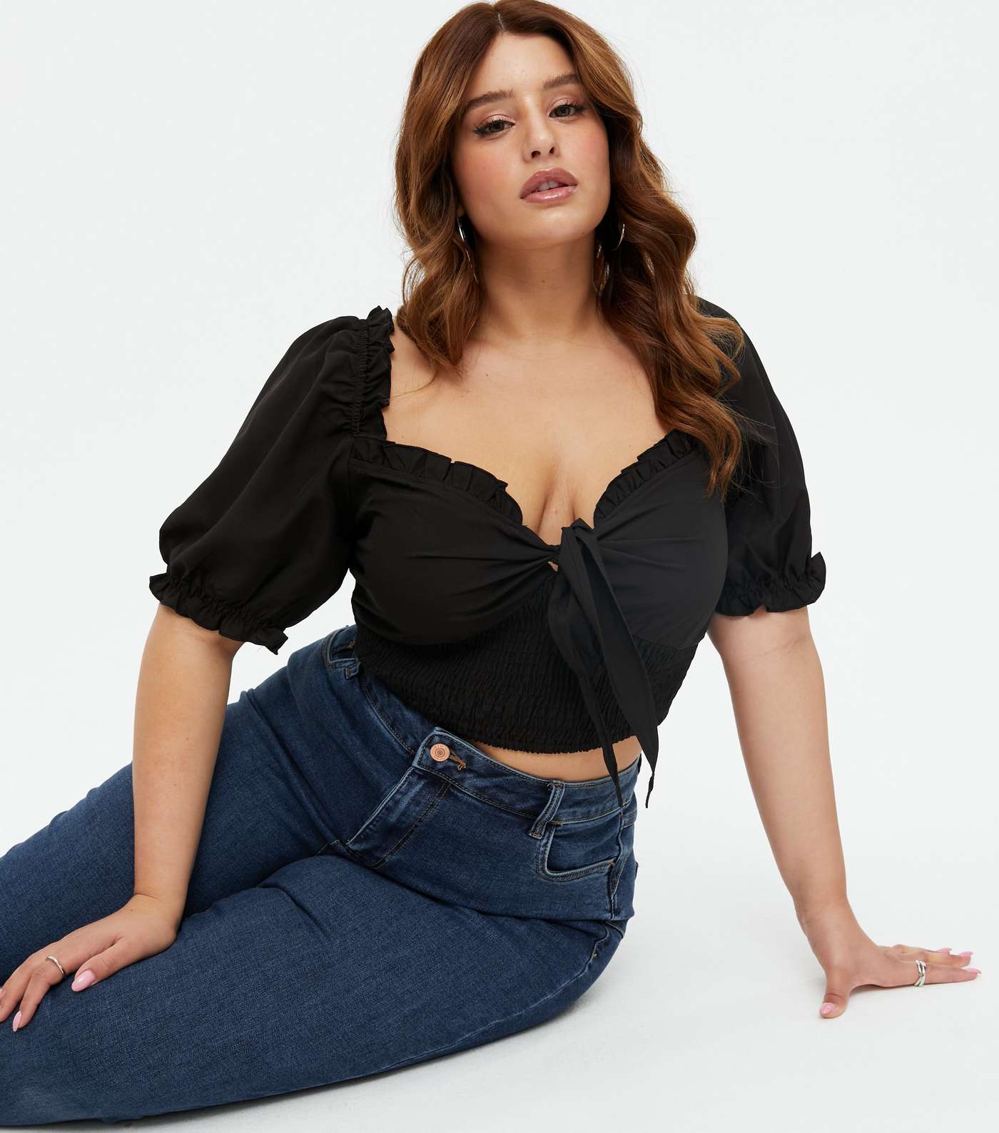 Urban Bliss Curves Black Shirred Tie Front Crop Top