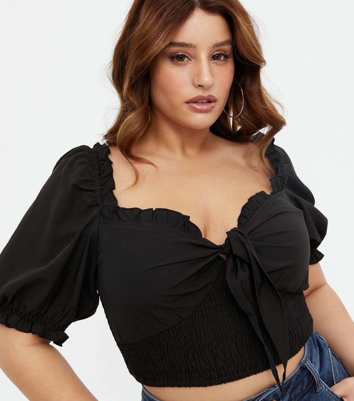 Urban Bliss Curves Black Shirred Tie Front Crop Top Image 3