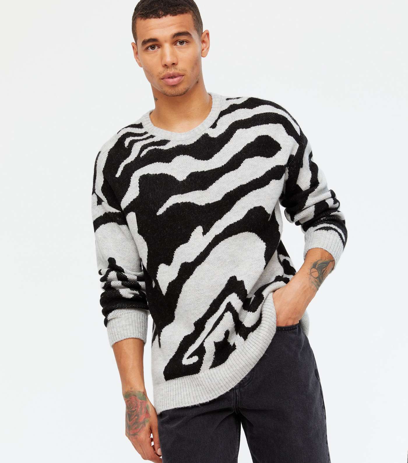 Pale Grey Tiger Pattern Relaxed Fit Jumper