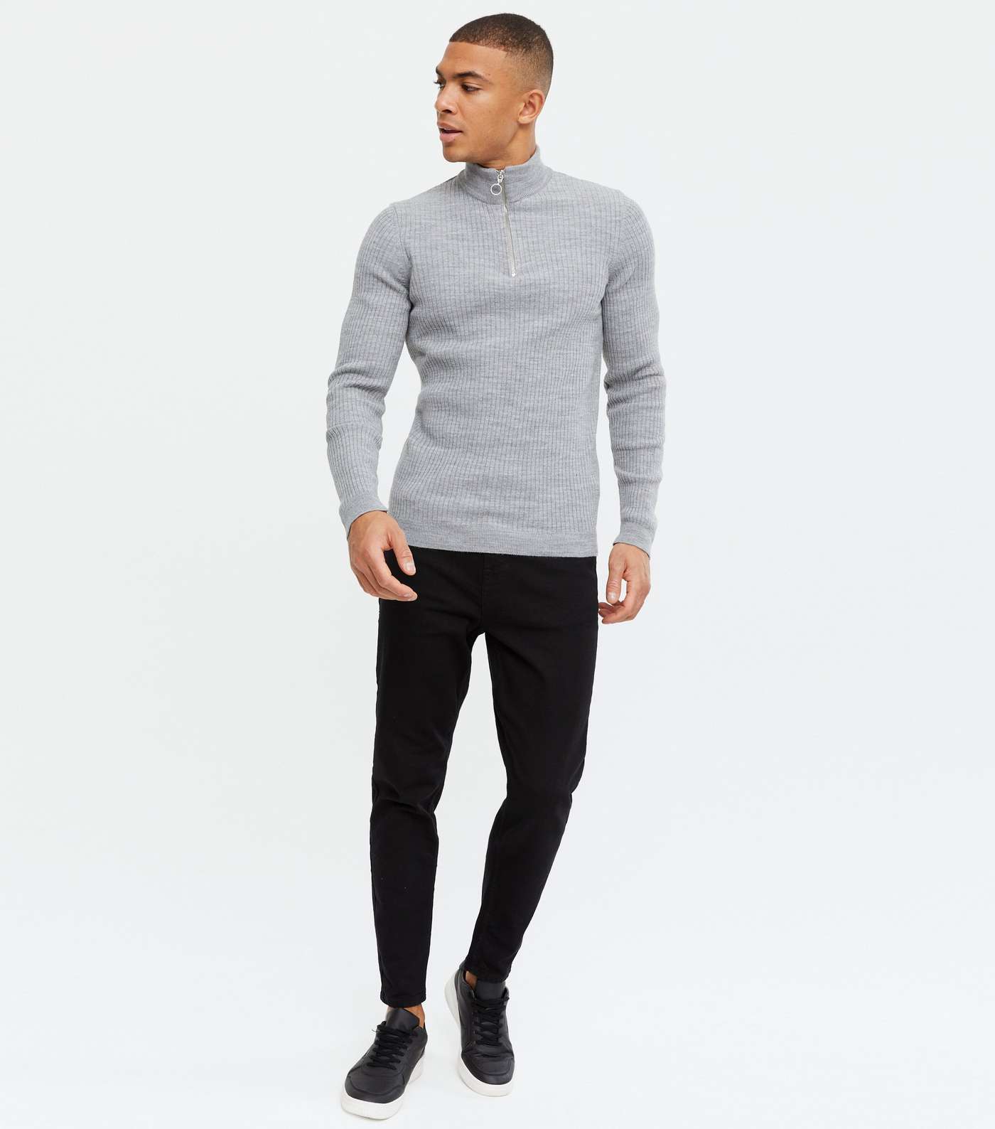 Pale Grey Ribbed Fine Knit Muscle Fit Jumper Image 2
